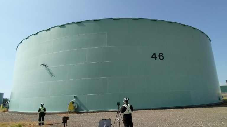 drone technology, this image showcases an ultrasonic thickness inspection in progress for tanks at a refinery. The drone's advanced capabilities enable accurate and efficient assessments, contributing to enhanced safety and maintenance practices in industrial settings.